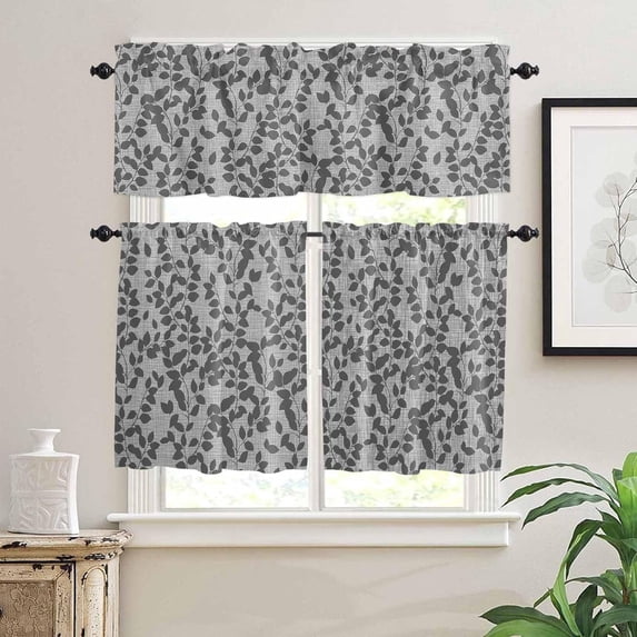 Kitchen Curtains Set, Grey Botanical Kitchen Curtains and Valances Set, Pastoral Spring Floral Summer Art Rod Pocket Tier Curtains 24 Inch Length for Cafe/Bedroom Windows