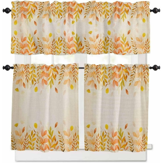 Kitchen Curtains Set, Lemon Yellow Botanical Kitchen Curtains and Valances Set, Rustic Eucalyptus Leaves Burlap Rod Pocket Tier Curtains 24 Inch Length for Cafe/Bedroom Windows