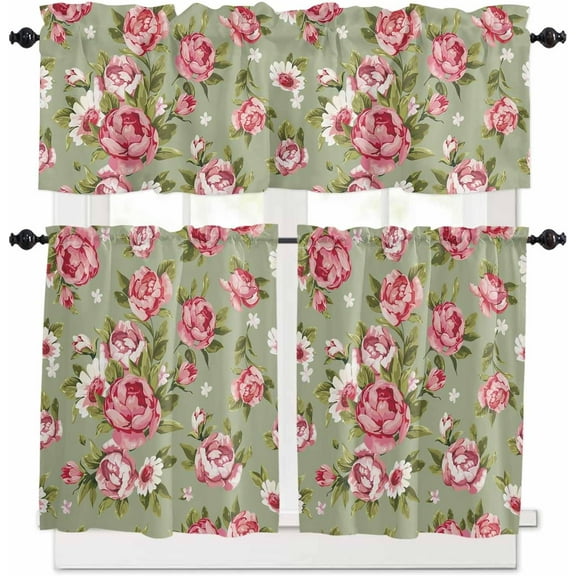 Kitchen Curtains Set, Pink Floral Rustic Kitchen Curtains and Valances Set, Farmhouse Vintage Sage Green Rod Pocket Tier Curtains 36 Inch Length for Cafe/Bedroom Windows