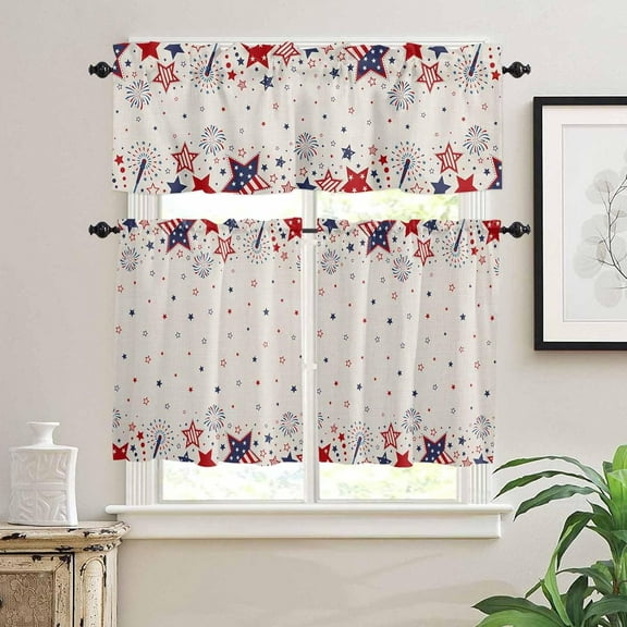 Kitchen Curtains Set, Red Blue Star 4th of July Kitchen Curtains and Valances Set, Independence Day Fireworks Rustic Rod Pocket Tier Curtains 24 Inch Length for Cafe/Bedroom Windows