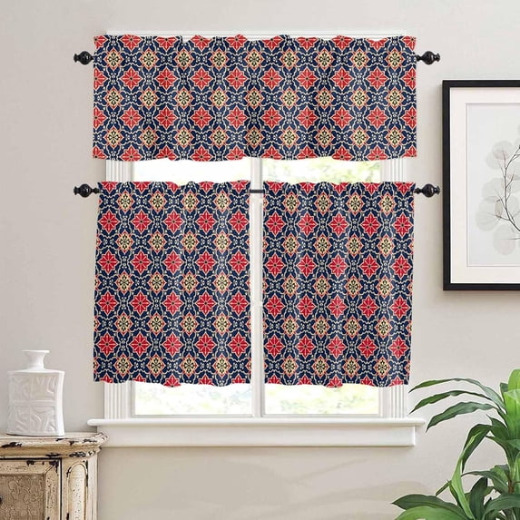 Kitchen Curtains Set, Red Navy Blue Kitchen Curtains and Valances Set, Morocco Modern Geometric Ethnic Art Rod Pocket Tier Curtains 36 Inch Length for Cafe/Bedroom Windows