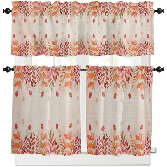 Kitchen Curtains Set, Red Pink Botanical Kitchen Curtains and Valances Set, Rustic Eucalyptus Leaves Burlap Rod Pocket Tier Curtains 24 Inch Length for Cafe/Bedroom Windows