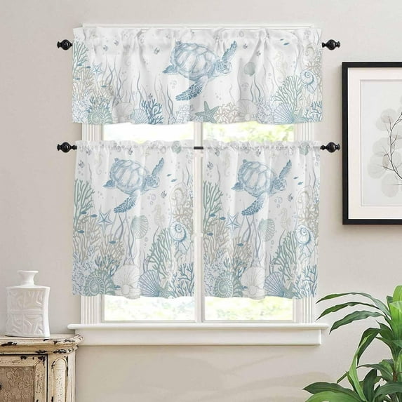 Kitchen Curtains Set, Sage Green Blue Coastal Kitchen Curtains and Valances Set, Sea Turtle Nautical Coral Beach Rod Pocket Tier Curtains 36 Inch Length for Cafe/Bedroom Windows