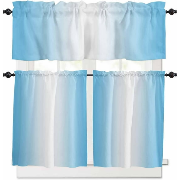 Kitchen Curtains Set, Sky Blue Ombre Kitchen Curtains and Valances Set, Farmhouse Blue Gradient Aesthetic Rod Pocket Tier Curtains 24 Inch Length for Cafe/Bedroom Windows