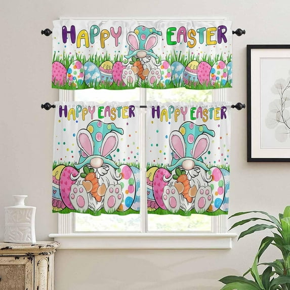 Kitchen Curtains Set, Spring Easter Gnomes Kitchen Curtains and Valances Set, Colorful Eggs Watercolor Polka Dots Rod Pocket Tier Curtains 24 Inch Length for Cafe/Bedroom Windows