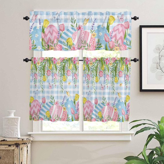 Kitchen Curtains Set, Spring Easter Kitchen Curtains and Valances Set, Blue Plaid Floral Botanical Easter Eggs Rod Pocket Tier Curtains 36 Inch Length for Cafe/Bedroom Windows