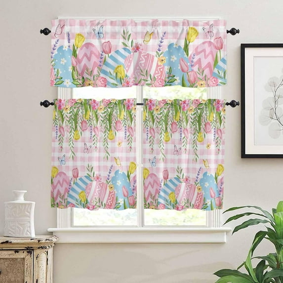 Kitchen Curtains Set, Spring Easter Kitchen Curtains and Valances Set, Pink Plaid Floral Botanical Easter Eggs Rod Pocket Tier Curtains 24 Inch Length for Cafe/Bedroom Windows