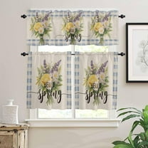 Kitchen Curtains Set, Spring Floral Kitchen Curtains and Valances Set, Blue Plaid Summer Botanical Flowers Rod Pocket Tier Curtains 36 Inch Length for Cafe/Bedroom Windows