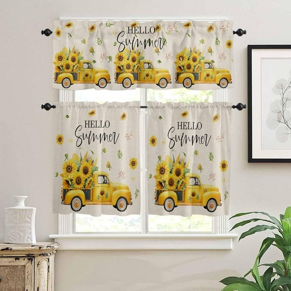 Kitchen Curtains Set, Summer Sunflower Kitchen Curtains and Valances Set, Yellow Truck Botanical Rustic Rod Pocket Tier Curtains 36 Inch Length for Cafe/Bedroom Windows