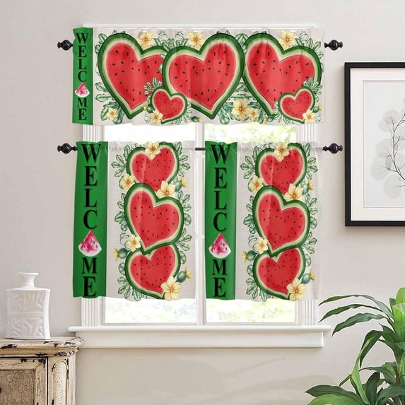 Kitchen Curtains Set, Summer Watermelon Kitchen Curtains and Valances Set, Red Green Love Heart Flowers Rod Pocket Tier Curtains 36 Inch Length for Cafe/Bedroom Windows