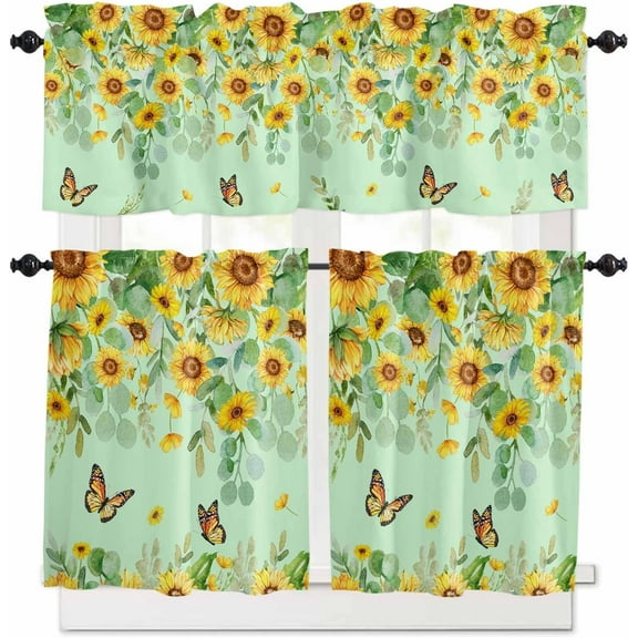 Kitchen Curtains Set, Sunflower Farmhouse Kitchen Curtains and Valances Set, Rustic Eucalyptus Butterfly Teal Rod Pocket Tier Curtains 24 Inch Length for Cafe/Bedroom Windows