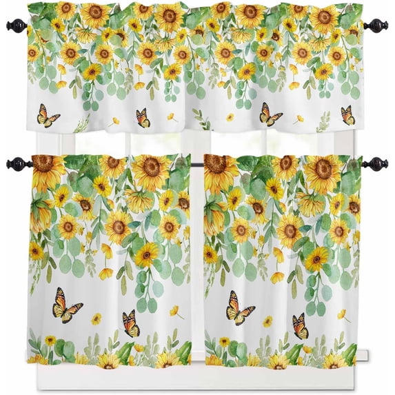Kitchen Curtains Set, Sunflower Farmhouse Kitchen Curtains and Valances Set, Spring Rustic Eucalyptus Butterfly Rod Pocket Tier Curtains 24 Inch Length for Cafe/Bedroom Windows