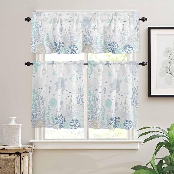 Kitchen Curtains Set, Teal Blue Coastal Kitchen Curtains and Valances Set, Nautical Summer Beach Sea Turtle Coral Rod Pocket Tier Curtains 24 Inch Length for Cafe/Bedroom Windows