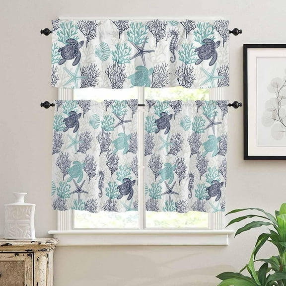Kitchen Curtains Set, Teal Blue Coastal Kitchen Curtains and Valances Set, Sea Turtle Nautical Coral Summer Beach Rod Pocket Tier Curtains 36 Inch Length for Cafe/Bedroom Windows