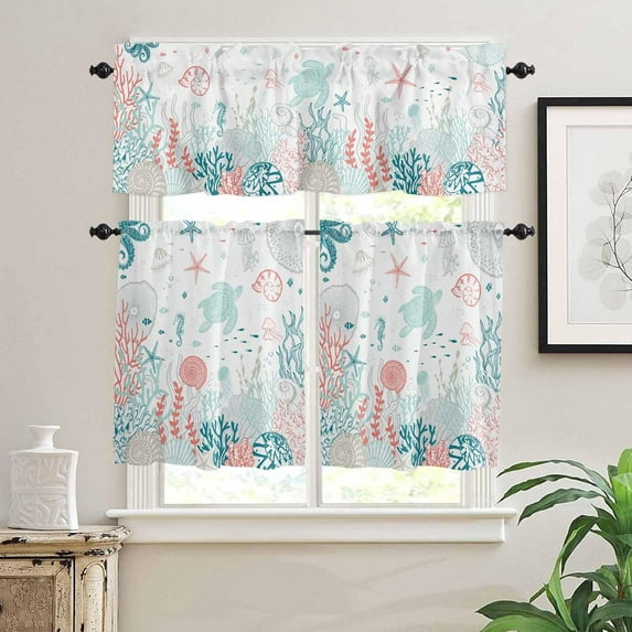 Kitchen Curtains Set, Teal Red Coastal Kitchen Curtains and Valances Set, Nautical Summer Beach Sea Turtle Coral Rod Pocket Tier Curtains 24 Inch Length for Cafe/Bedroom Windows