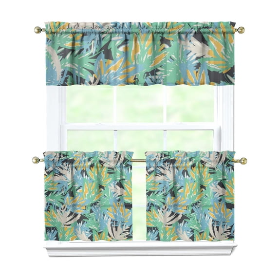 Kitchen Curtains Set with Tropical Floral and Hawaiian Hibiscus Design, Exotic Flowers and Botanical Jungle Leaves, Rod Pocket Tier and Valance Panels