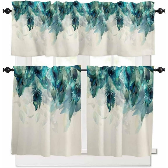 Kitchen Curtains Set, Turquoise Feather Kitchen Curtains and Valances Set, Farmhouse Rustic Modern Beige Rod Pocket Tier Curtains 36 Inch Length for Cafe/Bedroom Windows