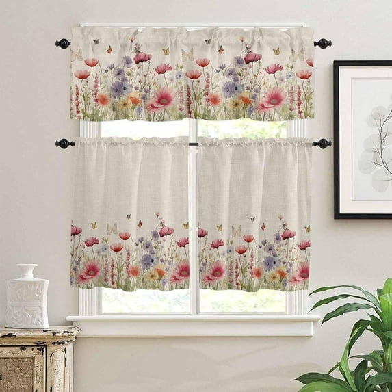 Kitchen Curtains Set, Vintage Spring Floral Kitchen Curtains and Valances Set, Farmhouse Summer Botanical Rod Pocket Tier Curtains 36 Inch Length for Cafe/Bedroom Windows