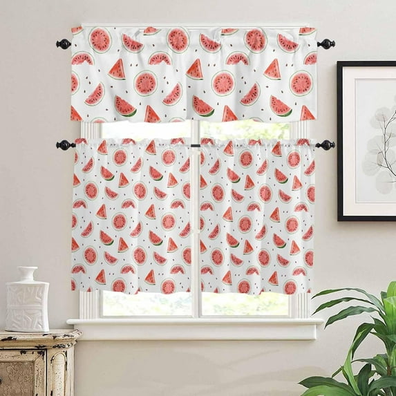 Kitchen Curtains Set, Watermelon Kitchen Curtains and Valances Set, Red Summer Fruits Watercolor Rod Pocket Tier Curtains 36 Inch Length for Cafe/Bedroom Windows