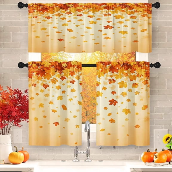 Kitchen Curtains Sets for Windows, 52x36 Inch, 3 Pack, Fall Autumn | Maple Leaf Orange Rod Pocket Cafe Curtain Drapes for Living Room Bedroom Bathroom Kitchen Over Sink Decor