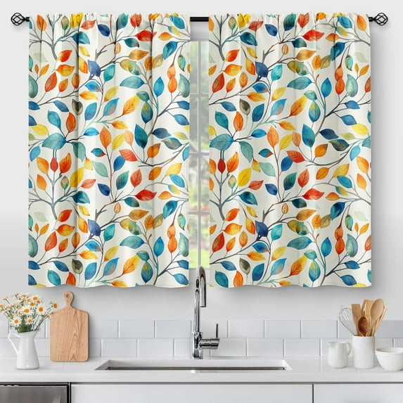 Kitchen Curtains Sets for Windows - Colorful Leaves Cafe Half Curtains Short Drapes Rustic Floral Plant Botanical Vintage Farmhouse Country Decor Rod Pocket Tiers Window Treatment