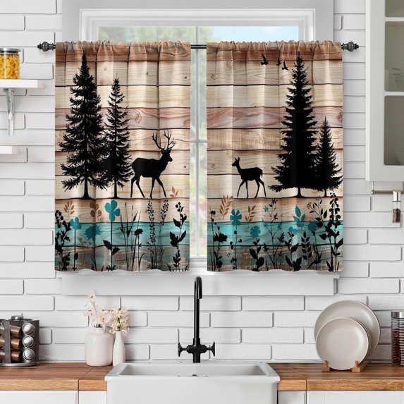 Kitchen Curtains Sets for Windows - Farmhouse Forest Cabin Country Bear Deer Nature Printed Short Half Cafe Curtain for Dining Room Bathroom Decor Rod Pocket Window Drapes 40Inch Length