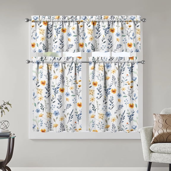 Kitchen Curtains Sets for Windows Flower Kitchen Decorative Sink Window Valance 3 Piece Set Tier Blue Floral Curtains 3 Panels Decor for Living Room Bedroom Home