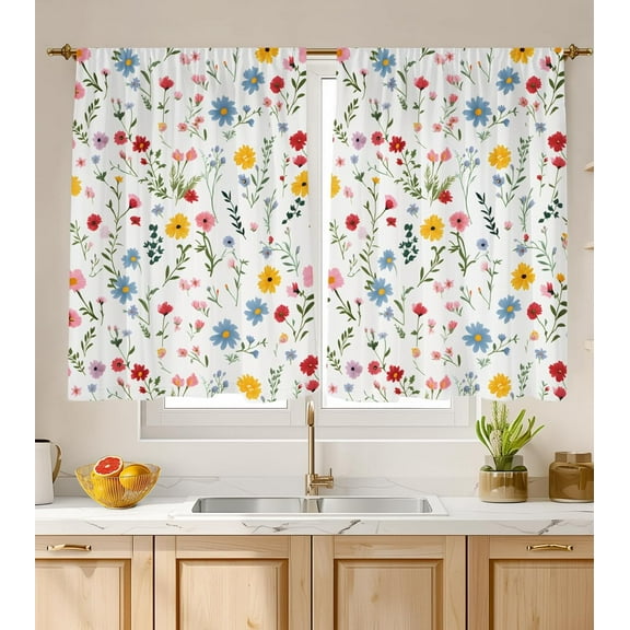 Kitchen Curtains over Sink for Bathroom Window Cafe Basement Cortinas para Cocina Farmhouse Camper Rv Short Mini Curtain Flower Floral White Summer Elegant Country Rustic Modern Cute - 26×36‘‘