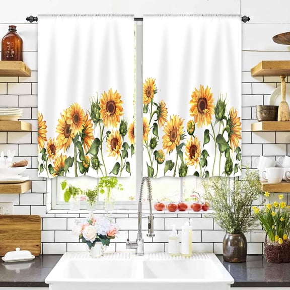 Kitchen Curtains Sunflower Valance and Tiers Sets 28Wx36H Rod Pocket Sunflower Kitchen Curtain for Dining Room Floral Curtains Decor