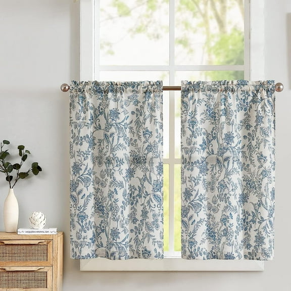 Kitchen Curtains Tier Curtains Linen Curtains Farmhouse Floral Blue Kitchen Cafe Curtains 36 Inch Length Small Rustic Country Curtains Rod Pocket Kitchen Curtain Set 2 Panels Blue on Beige