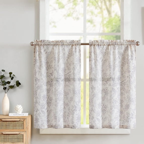 Kitchen Curtains Tier Curtains Linen Curtains Farmhouse Floral Gray Kitchen Cafe Curtains 36 Inch Length Small Rustic Country Curtains Rod Pocket Kitchen Curtain Set 2 Panels Grey on Beige