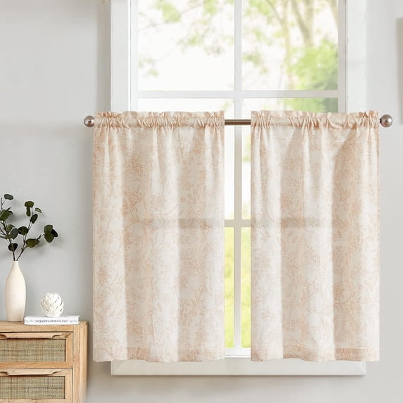 Kitchen Curtains Tier Curtains Linen Curtains Farmhouse Floral Taupe Kitchen Cafe Curtains 24 Inch Length Small Rustic Country Curtains Rod Pocket Kitchen Curtain Set 2 Panels Taupe on Beige