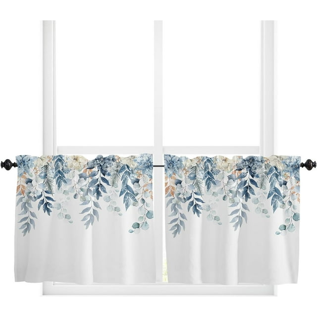 Kitchen Curtains Tiers, Christmas Poinsettia Eucalyptus Leaves Pine Needle Berries Winter Blue Rod Pocket Short Window Valance Curtains for Kitchen Cafe Bathroom, 27.5"x24", 2 Panels