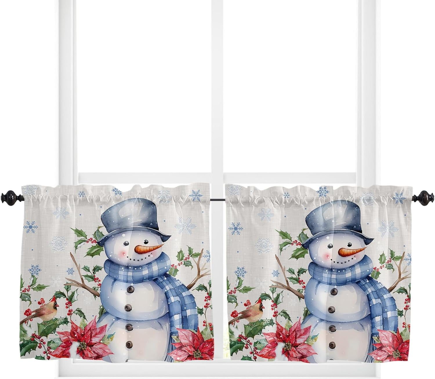 Christmas Window Curtain Set – Snowman & Snowflake Design, Green Velvet, 26x30 Inches, Rod Pocket (Set Of 2)
