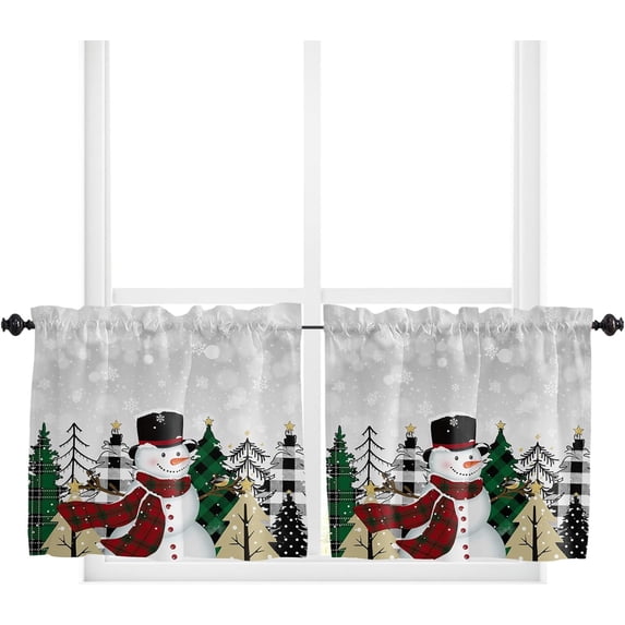 Kitchen Curtains Tiers, Christmas Snowman Snowflake Tree Scarf Winter Gray Rod Pocket Short Window Valance Curtains for Kitchen Cafe Bathroom, 27.5"x24", 2 Panels