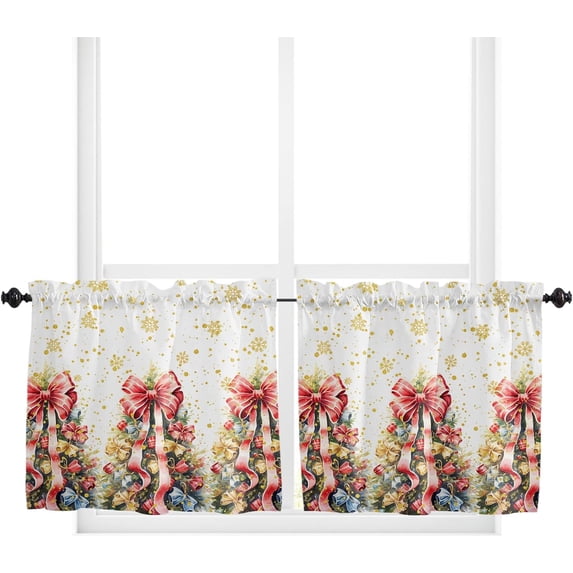 Kitchen Curtains Tiers, Christmas Tree Snowflakes Bow Gold Snowflake Winter Rod Pocket Short Window Valance Curtains for Kitchen Cafe Bathroom, 27.5" x 36", 2 Panels