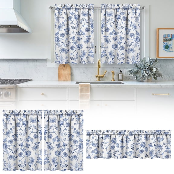 Kitchen Curtains Tiers and Valances Set 3 Piece,Floral Short Semi Sheer Linen Curtains for Bedroom/Living Room,Light Filtering Window Drapes for Bathroom 54Wx18L&26Wx36L