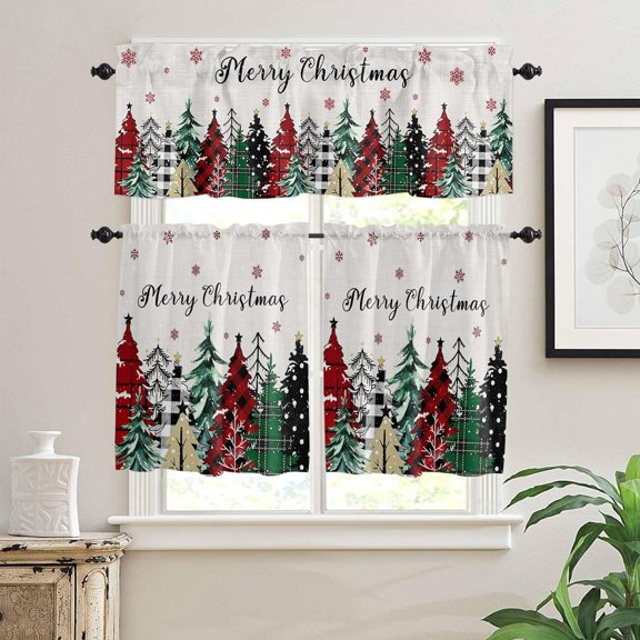 Kitchen Curtains Tiers and Valances Set, Merry Christmas Checkered Xmas Tree Red Snowflake Winter Vintage Rod Pocket Valance Short Window Curtains for Kitchen Cafe Bathroom, 27.5"x24", 3 Pieces Set