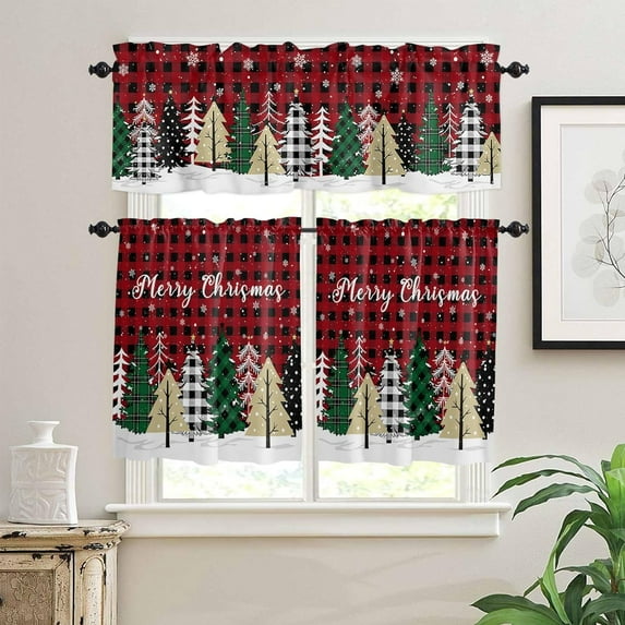 Kitchen Curtains Tiers and Valances Set, Merry Christmas Tree Snowflake Winter Red and Black Plaid Rod Pocket Valance Short Window Decor Curtains for Kitchen Cafe Bathroom, 27.5"x24", 3 Pieces Set