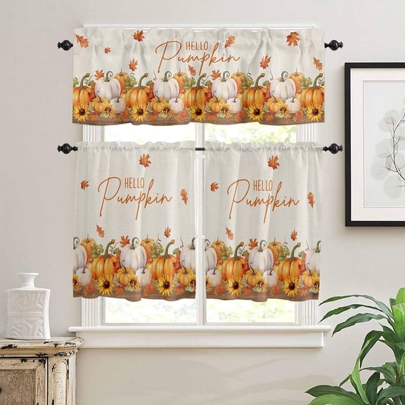 Kitchen Curtains Tiers and Valances Set, Thanksgiving Hello Pumpkin Maple Leaf Sunflower Autumn Wood Grain Vintage Rod Pocket Valance Short Window Curtains for Kitchen, 27.5"x24", 3 Pieces Set