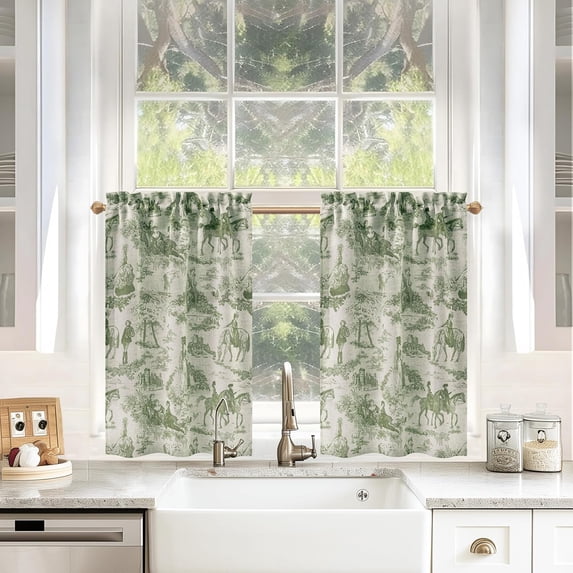 Kitchen Curtains Toile Tier Linen Short Curtains Cafe 36 Inch Length for Living Room Bathroom Farmhouse French Country Vintage Printed Pattern Rod Pocket 2 Panels Loden Green