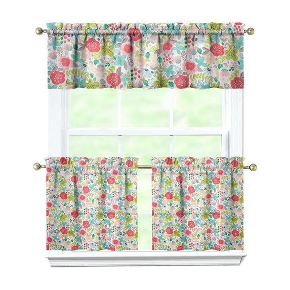 Kitchen Curtains and Valance Set 24 Inch Tier Pioneer Colorful Floral Curtains Small Drapes for Cafe Living Room Bathroom Farmhouse 3 Pieces Set Rod Pocket