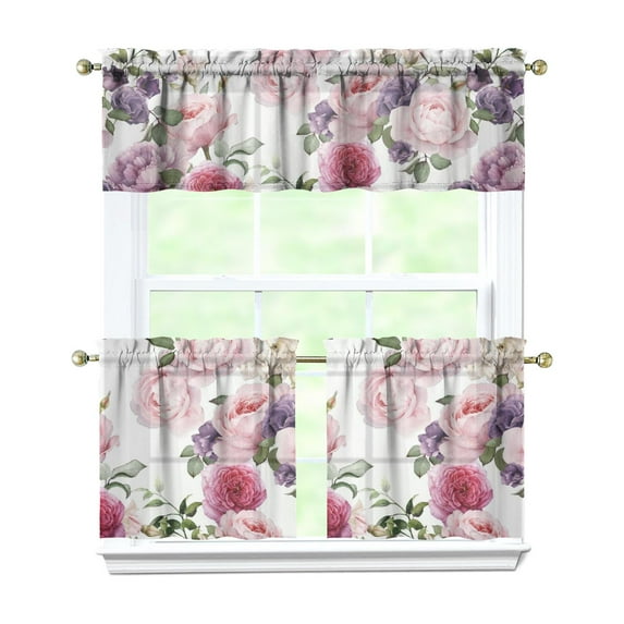 Kitchen Curtains and Valance Set 24 Inch Tier Pioneer Colorful Floral Curtains Small Drapes for Cafe Living Room Bathroom Farmhouse 3 Pieces Set Rod Pocket