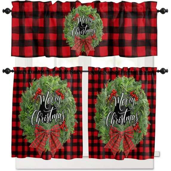 Kitchen Curtains and Valance Set of 3 - Christmas Red and Black Plaid Wreath Red Bow Curtains Semi Sheer Curtains for Living Room - Rod Pocket Valances for Windows (27.5"x24")
