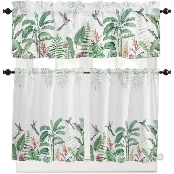Kitchen Curtains and Valance Set of 3 - Idyllic Tropical Plant Palm Leaf Banana Leaf Flower Curtains Semi Sheer Curtains for Living Room - Rod Pocket Valances for Windows (27.5"x36")