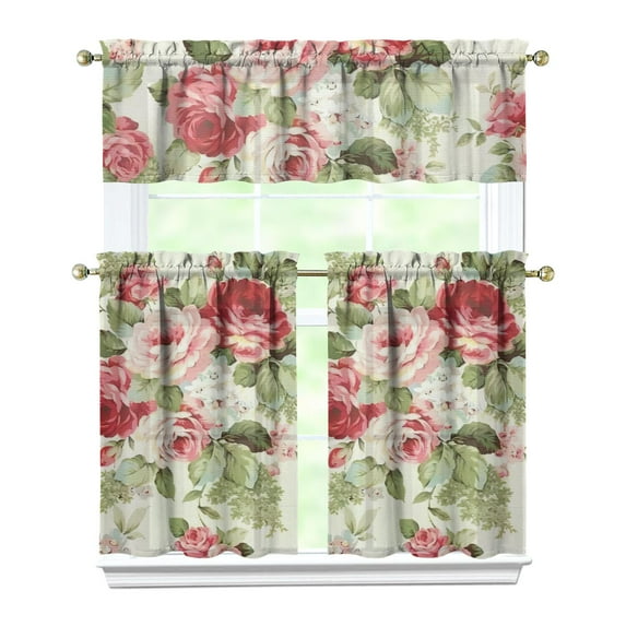 Kitchen Curtains and Valance Set 36 Inch Tier Pioneer Colorful Floral 3 Pieces Set Dining Room Small Curtain Drapes Cafe Curtains Valance for Home Decor Rod Pocket