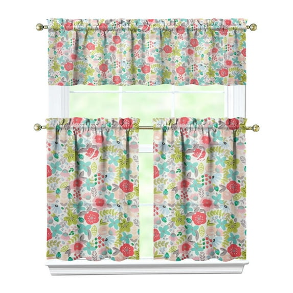 Kitchen Curtains and Valance Set 36 Inch Tier Pioneer Colorful Floral 3 Pieces Set Dining Room Small Curtain Drapes Cafe Curtains Valance for Home Decor Rod Pocket