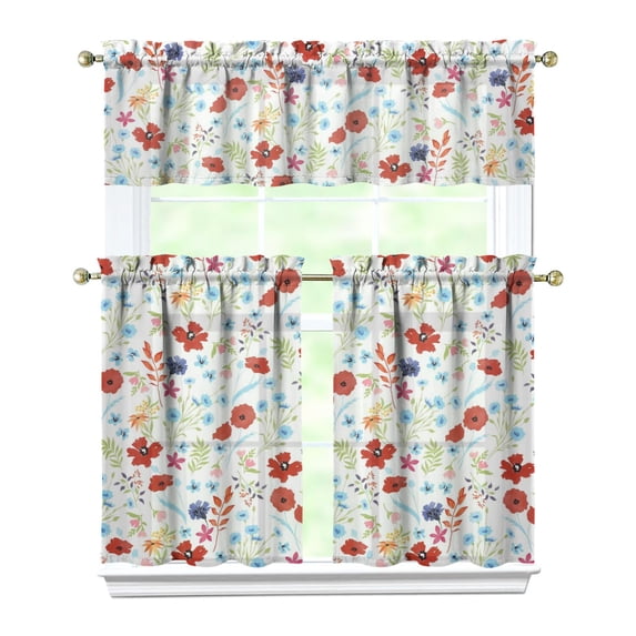 Kitchen Curtains and Valance Set 36 Inch Tier Pioneer Colorful Floral 3 Pieces Set Dining Room Small Curtain Drapes Cafe Curtains Valance for Home Decor Rod Pocket