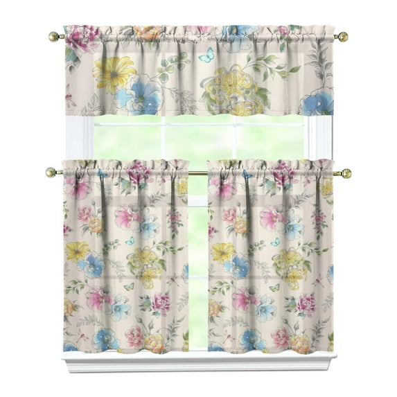 Kitchen Curtains and Valance Set 36 Inch Tier Pioneer Colorful Floral 3 Pieces Set Dining Room Small Curtain Drapes Cafe Curtains Valance for Home Decor Rod Pocket