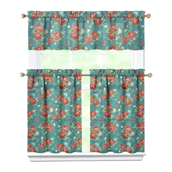 Kitchen Curtains and Valance Set 36 Inch Tier Pioneer Colorful Floral 3 Pieces Set Dining Room Small Curtain Drapes Cafe Curtains Valance for Home Decor Rod Pocket